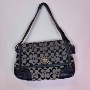 Coach Hampton Black and Grey Monogram Black Leather Shoulder Purse
